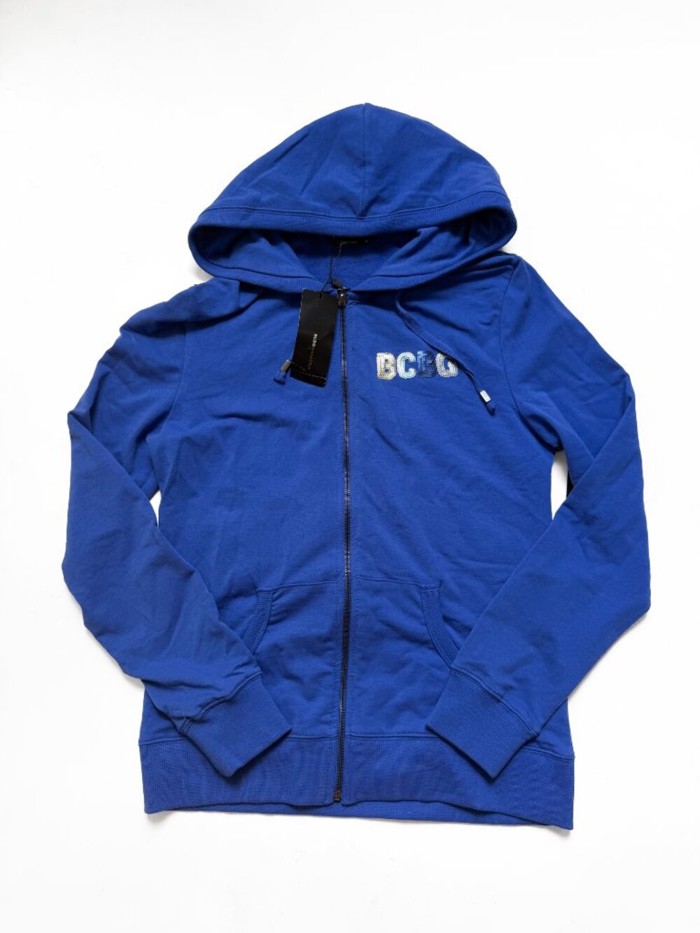 BCBGMAXAZRIA Sequin Logo Full Zip Hoodie Sapphire Blue Size Medium NEW NWT